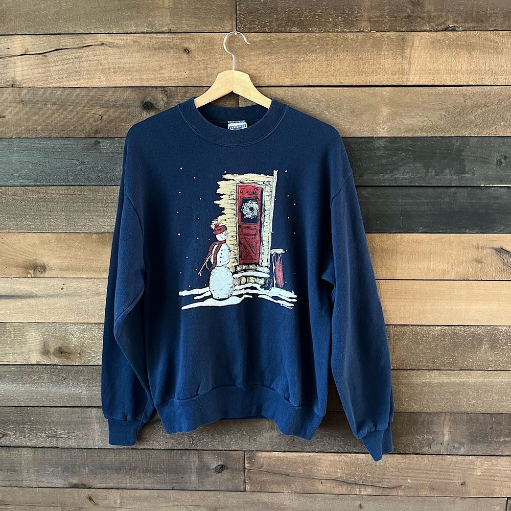 Vintage 90s Jerzees Navy Snowman Winter Scene Crewneck Sweatshirt